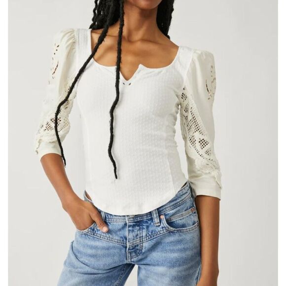 NWT Free People Brunch Date Top Moonglow Cream Puff Eyelet Sleeves Size Medium - Picture 1 of 15